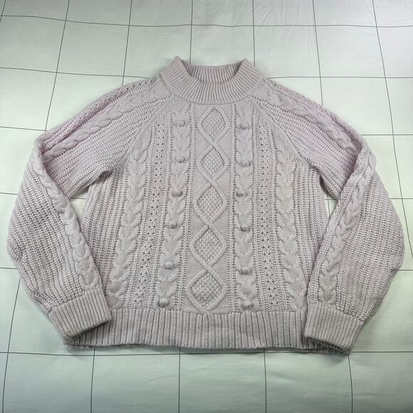J. Crew Sweater Womens Large Lilac Wool Blend Pom Pom Azra Cable Knit Crew Neck - Picture 1 of 6